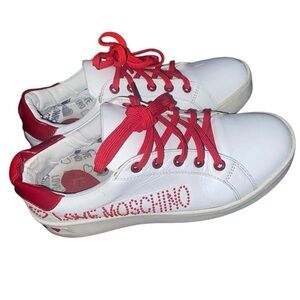 Love Moschino White Leather Red Studded Heart Sneakers - Size 37